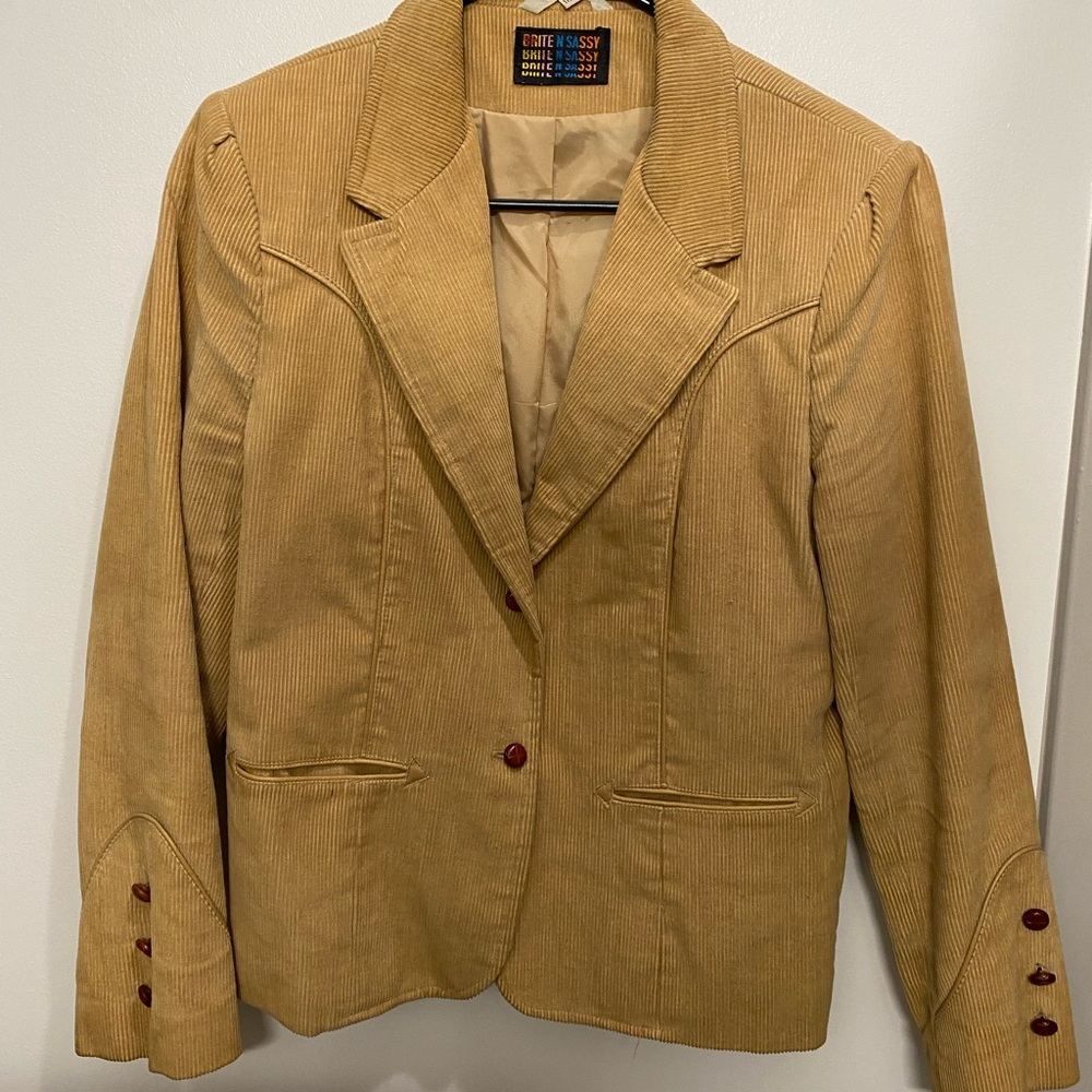 Elegant Tan Corduroy Blazer with Red Button Accents